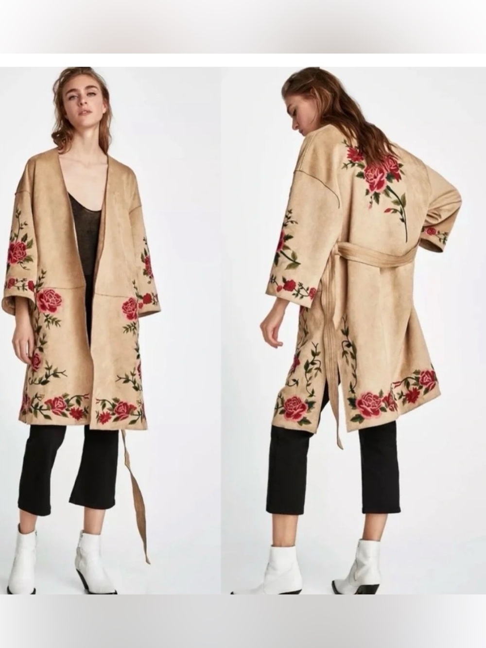 Zara Beige Embroidered Floral Duster Coat